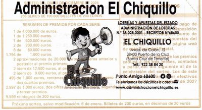 Reverso del d&eacute;cimo 41651 con el sello de la Administraci&oacute;n n&ordm; 1 &laquo;El Chiquillo&raquo;, en Puerto de la Cruz